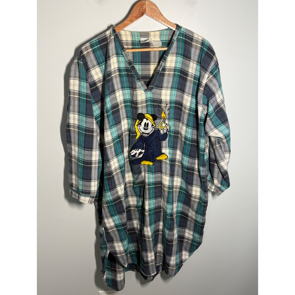 Vintage Disney Store Mickey Mouse Plaid Night Shirt Teal Navy V-Neck Sleepwear